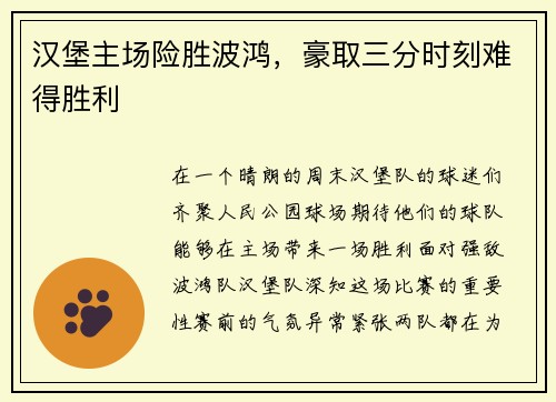 汉堡主场险胜波鸿，豪取三分时刻难得胜利